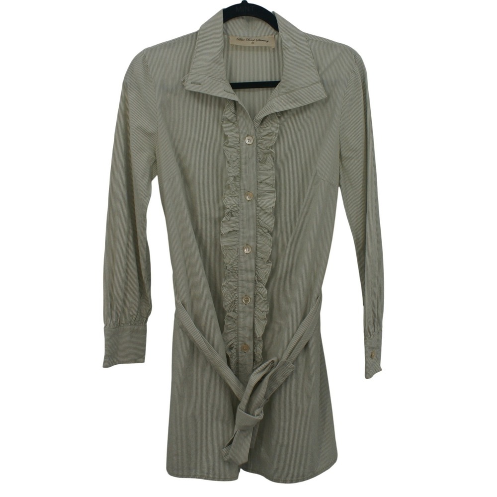 Blue Bird Shirting Olive Green Striped Ruffle Front Belted Tunic Top Womens M